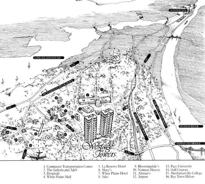 Westage Towers East & West Area Map of White Plains and surrounding areas.